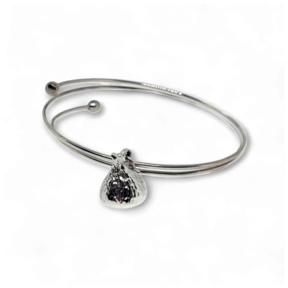 Silver Tone Open Cuff Bangle | Kiss-Shaped Charm | Minimalist NWOT